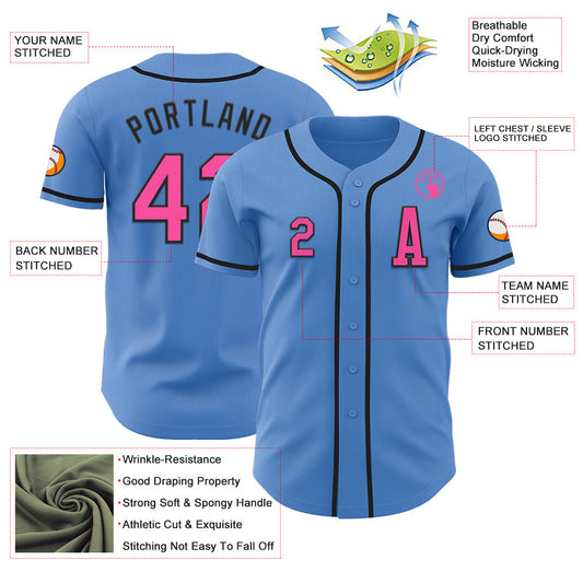Custom Powder Blue Pink-Black Authentic Baseball Jersey - Sky-Custom