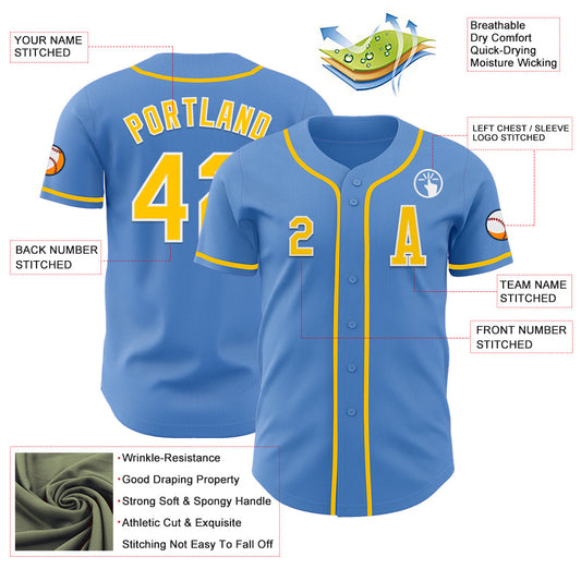 Custom Powder Blue Yellow-White Authentic Baseball Jersey - Sky-Custom