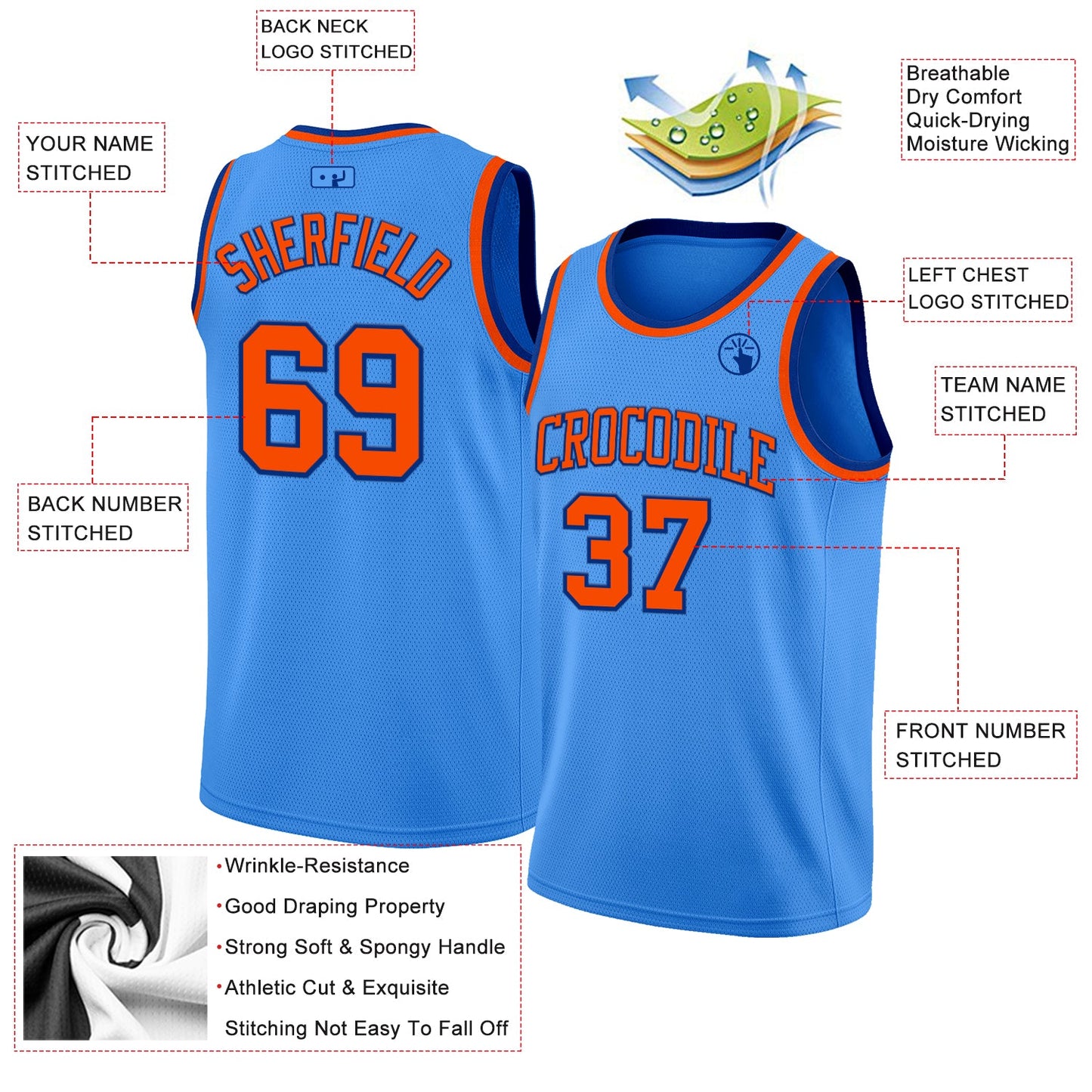 Custom Powder Blue Orange-Royal Authentic Basketball Jersey - Sky-Custom