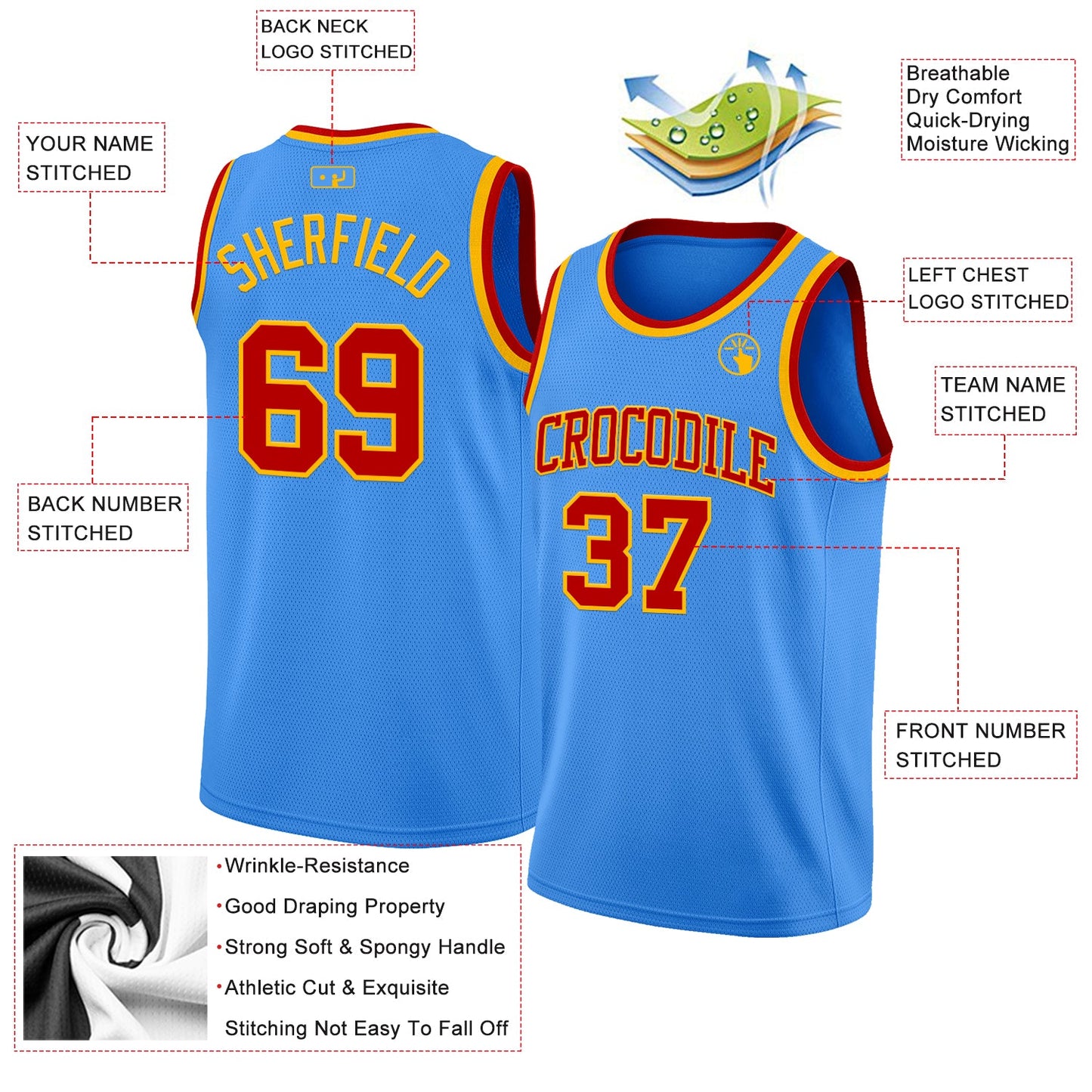 Custom Powder Blue Red-Gold Authentic Basketball Jersey - Sky-Custom
