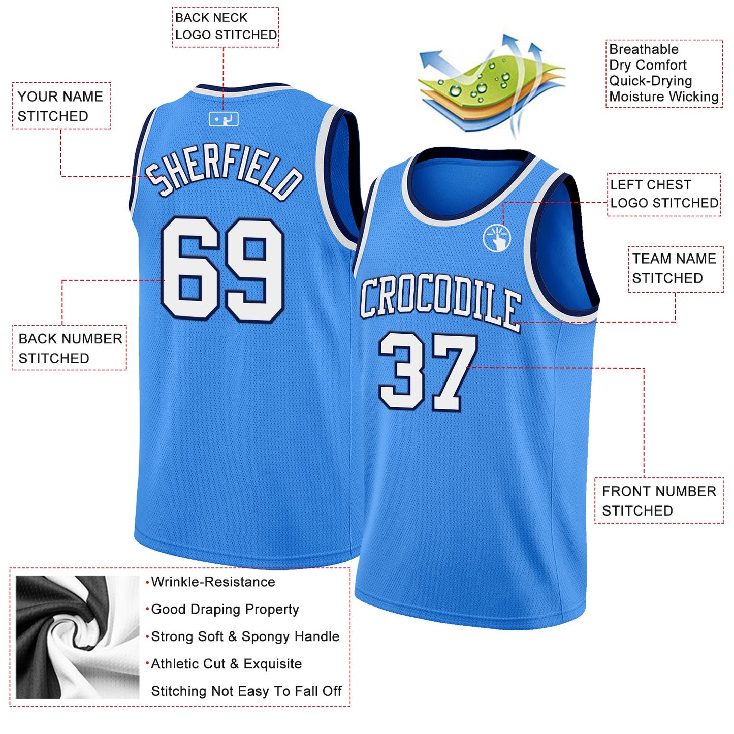 Custom Powder Blue White-Navy Authentic Basketball Jersey - Sky-Custom