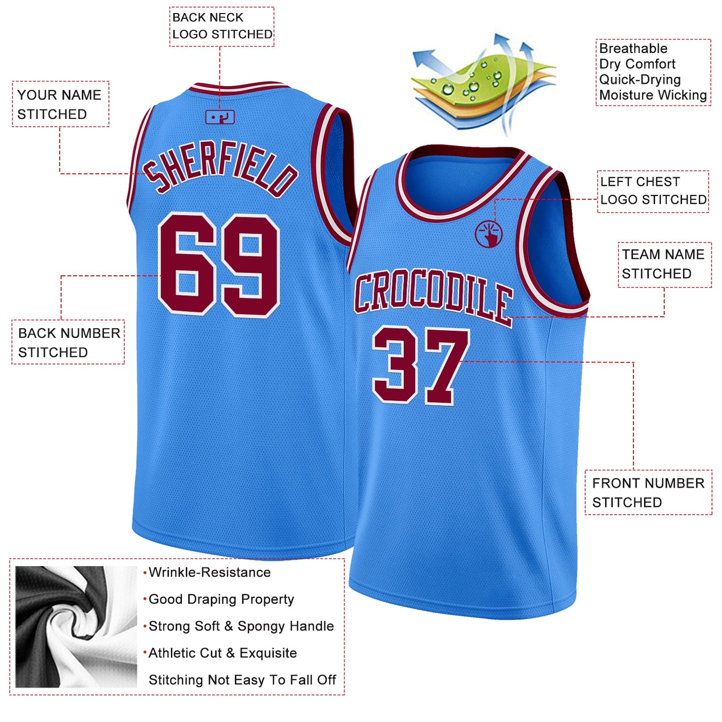Custom Powder Blue Maroon-White Authentic Basketball Jersey - Sky-Custom