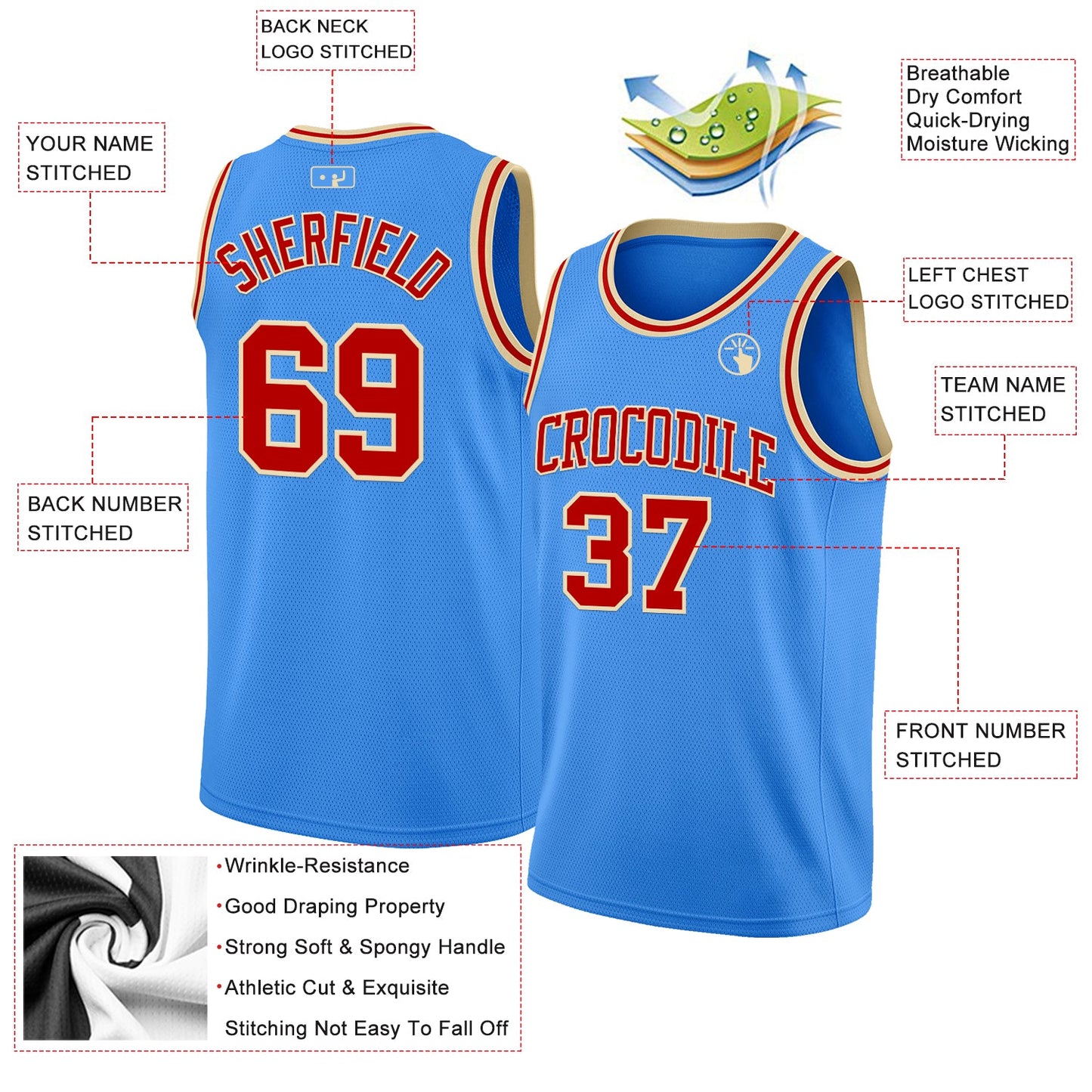Custom Powder Blue Red-Cream Authentic Basketball Jersey - Sky-Custom