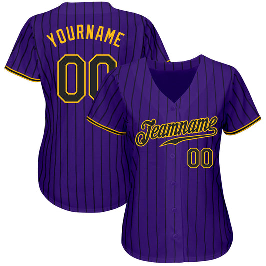 Custom Purple Black Pinstripe Black-Gold Authentic Baseball Jersey - Sky-Custom
