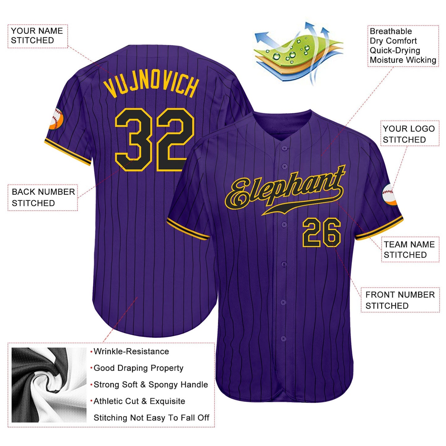 Custom Purple Black Pinstripe Black-Gold Authentic Baseball Jersey - Sky-Custom