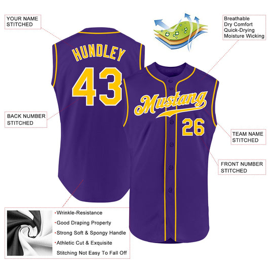 Custom Purple Gold-White Authentic Sleeveless Baseball Jersey - Sky-Custom
