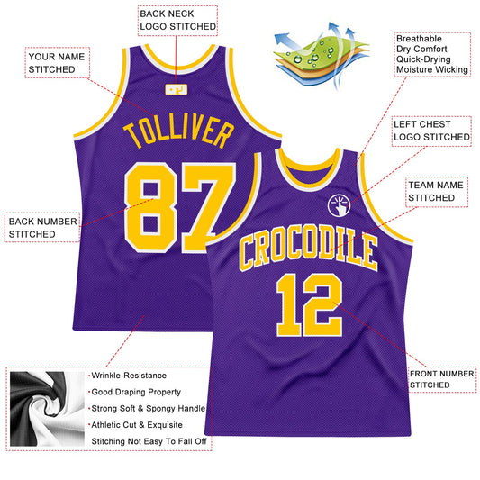 Custom Purple Gold-White Authentic Throwback Basketball Jersey - Sky-Custom