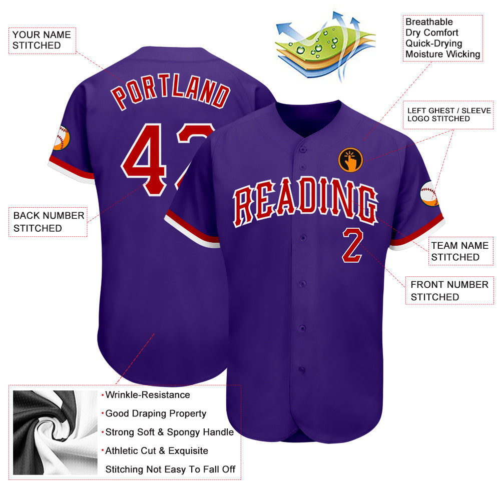 Custom Purple Red-White Authentic Baseball Jersey - Sky-Custom