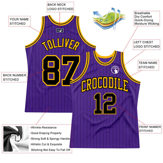 Custom Purple Black Pinstripe Black-Gold Authentic Basketball Jersey - Sky-Custom