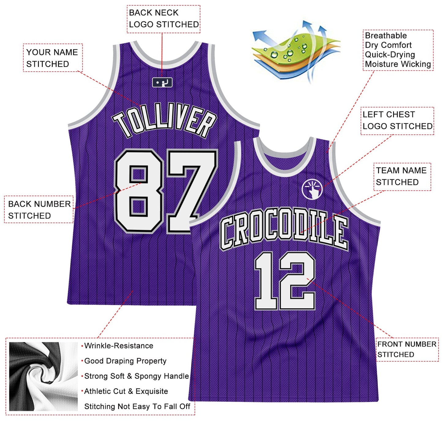 Custom Purple Black Pinstripe White-Gray Authentic Basketball Jersey - Sky-Custom