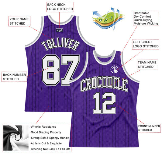 Custom Purple Black Pinstripe White-Gray Authentic Basketball Jersey - Sky-Custom