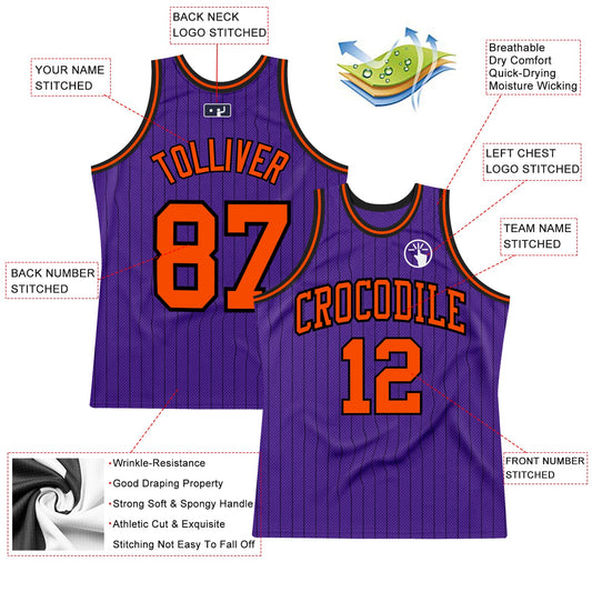 Custom Purple Black Pinstripe Orange Authentic Basketball Jersey - Sky-Custom
