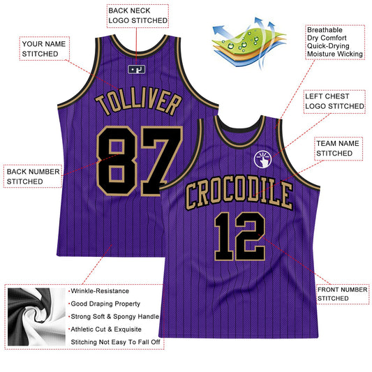 Custom Purple Black Pinstripe Black-Old Gold Authentic Basketball Jersey - Sky-Custom