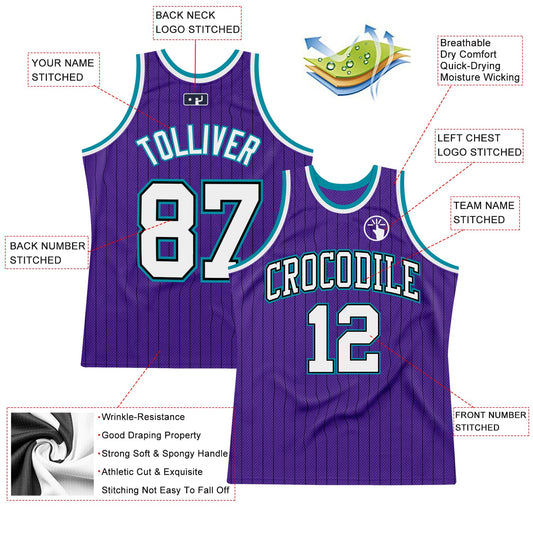 Custom Purple Black Pinstripe White-Teal Authentic Basketball Jersey - Sky-Custom