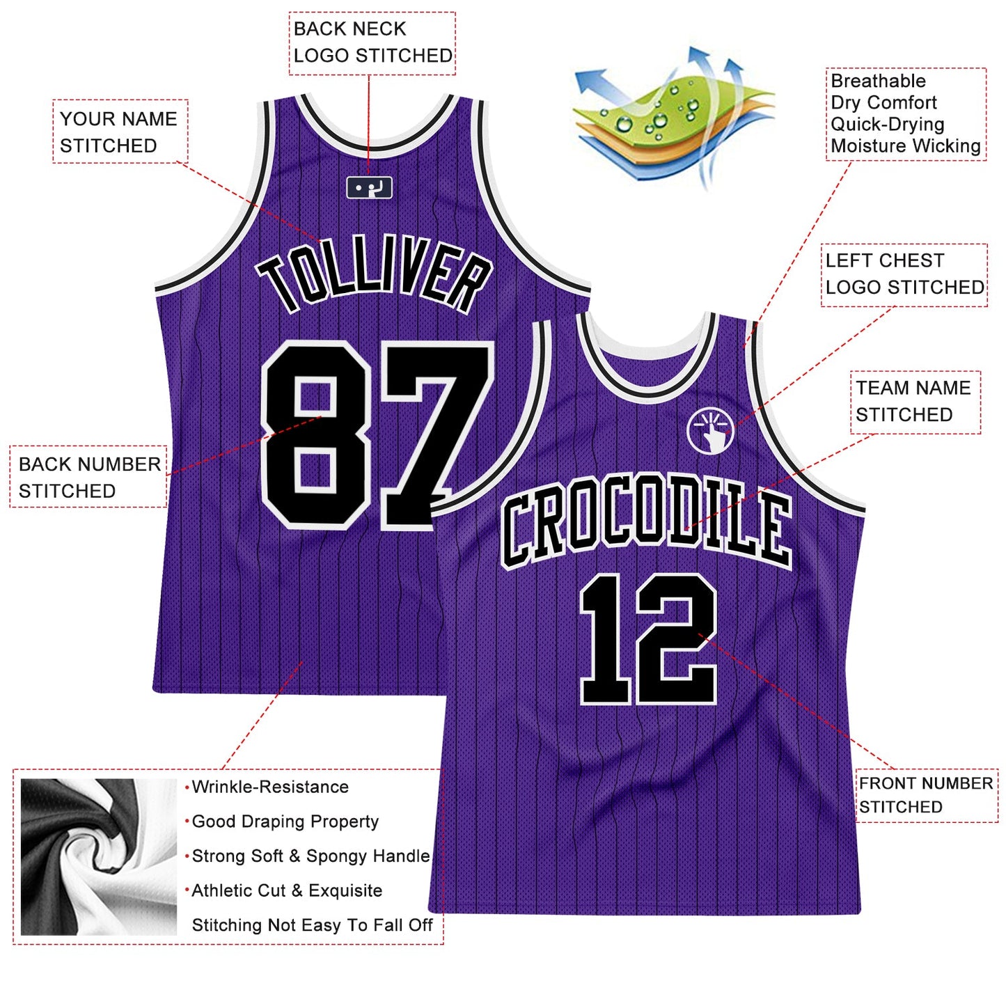 Custom Purple Black Pinstripe Black-White Authentic Basketball Jersey - Sky-Custom