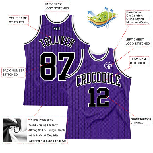 Custom Purple Black Pinstripe Black-White Authentic Basketball Jersey - Sky-Custom