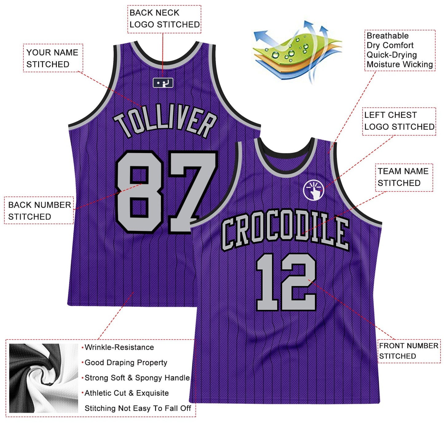 Custom Purple Black Pinstripe Gray Authentic Basketball Jersey - Sky-Custom
