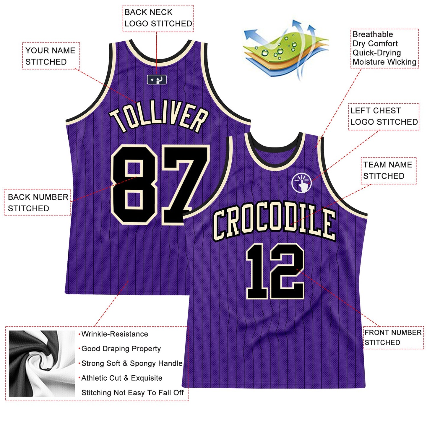 Custom Purple Black Pinstripe Black-Cream Authentic Basketball Jersey - Sky-Custom