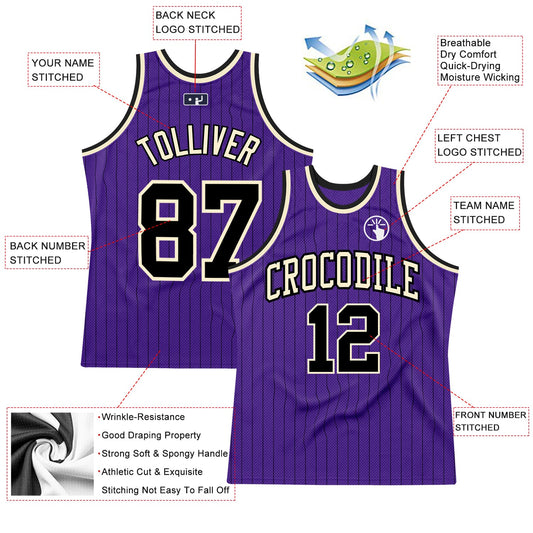 Custom Purple Black Pinstripe Black-Cream Authentic Basketball Jersey - Sky-Custom