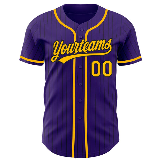 Custom Purple Black Pinstripe Gold Authentic Baseball Jersey - Sky-Custom
