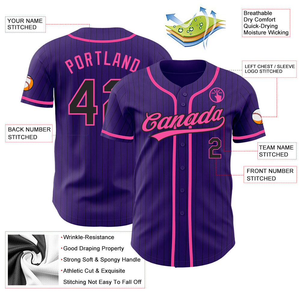 Custom Purple Black Pinstripe Pink Authentic Baseball Jersey - Sky-Custom