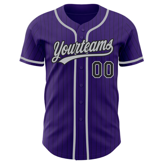 Custom Purple Black Pinstripe Gray Authentic Baseball Jersey - Sky-Custom