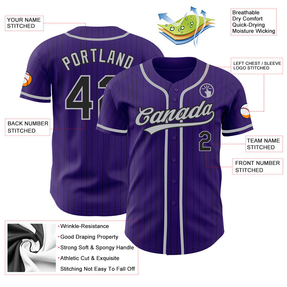 Custom Purple Black Pinstripe Gray Authentic Baseball Jersey - Sky-Custom