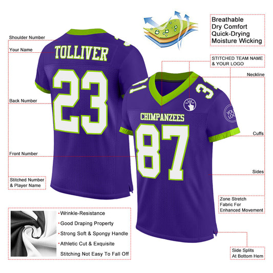 Custom Purple White-Neon Green Mesh Authentic Football Jersey - Sky-Custom