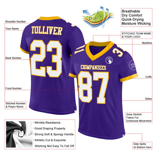 Custom Purple White-Gold Mesh Authentic Football Jersey - Sky-Custom