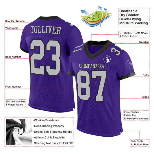 Custom Purple Gray-Black Mesh Authentic Football Jersey - Sky-Custom