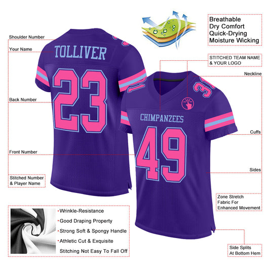 Custom Purple Pink-Light Blue Mesh Authentic Football Jersey - Sky-Custom