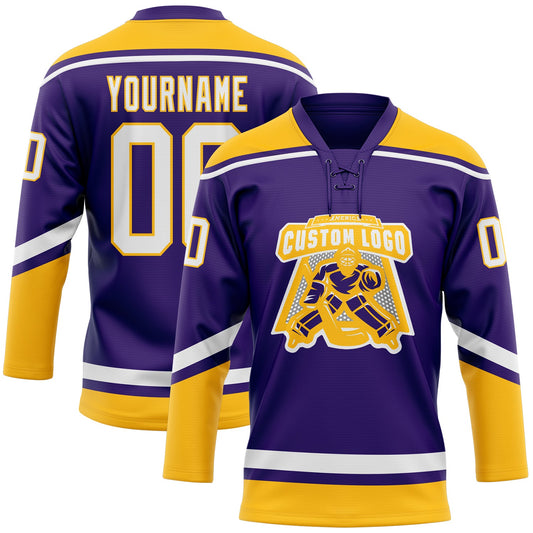 Custom Purple White-Gold Hockey Lace Neck Jersey - Sky-Custom