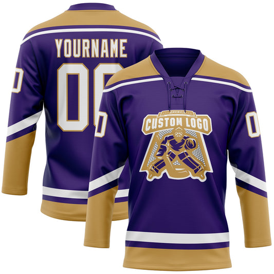 Custom Purple White-Old Gold Hockey Lace Neck Jersey - Sky-Custom