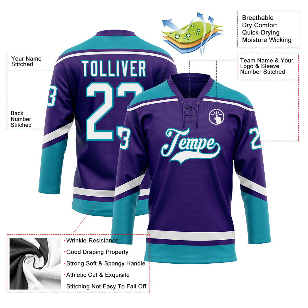 Custom Purple White-Teal Hockey Lace Neck Jersey - Sky-Custom