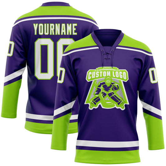 Custom Purple White-Neon Green Hockey Lace Neck Jersey - Sky-Custom