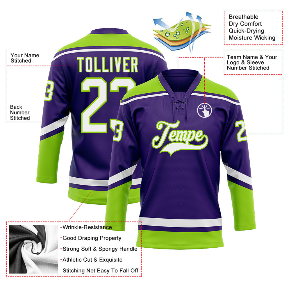 Custom Purple White-Neon Green Hockey Lace Neck Jersey - Sky-Custom