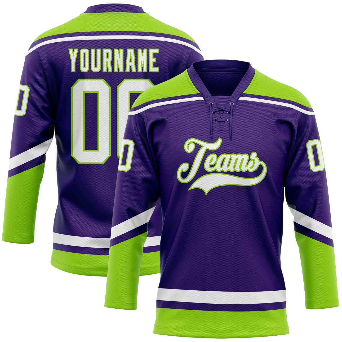 Custom Purple White-Neon Green Hockey Lace Neck Jersey - Sky-Custom