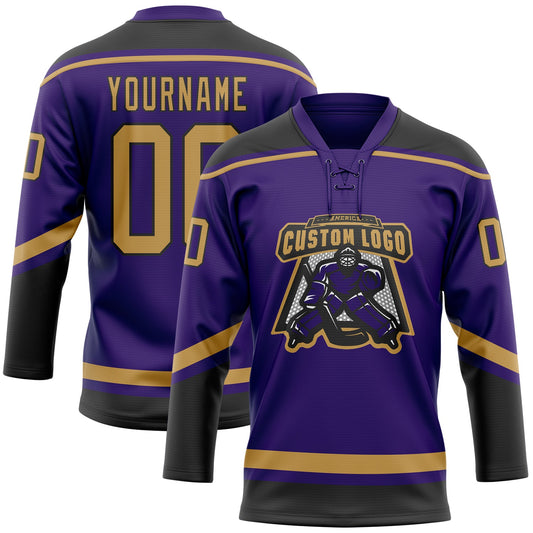 Custom Purple Old Gold-Black Hockey Lace Neck Jersey - Sky-Custom