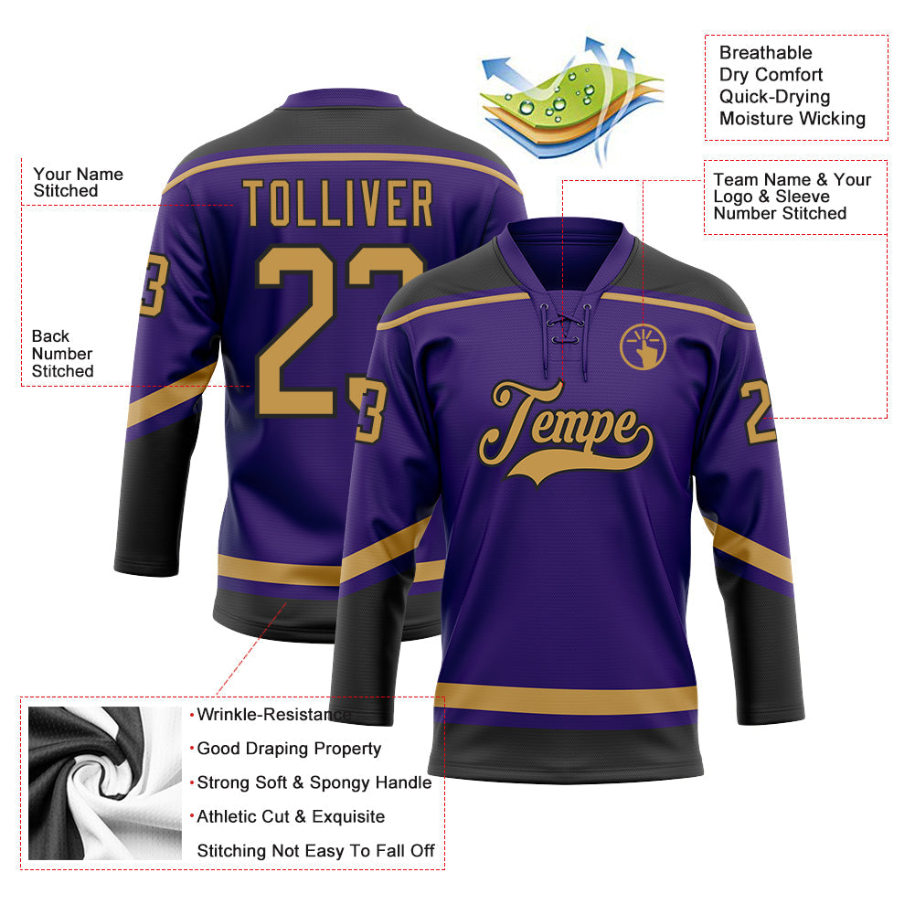 Custom Purple Old Gold-Black Hockey Lace Neck Jersey - Sky-Custom