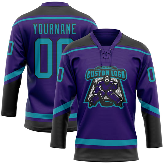 Custom Purple Teal-Black Hockey Lace Neck Jersey - Sky-Custom