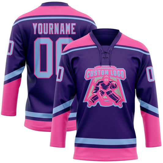 Custom Purple Light Blue-Pink Hockey Lace Neck Jersey - Sky-Custom