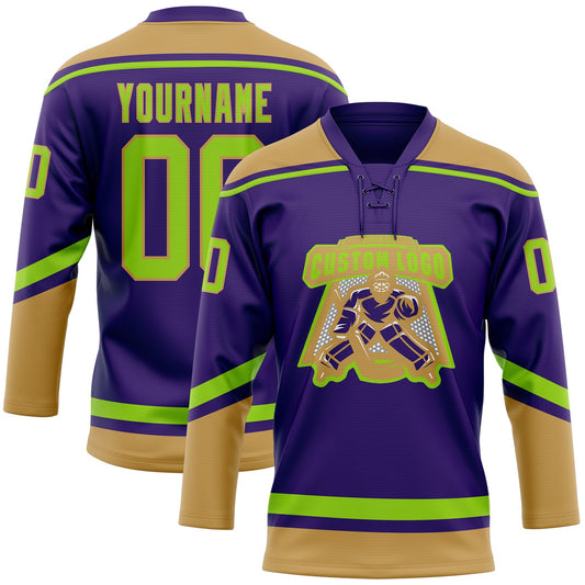 Custom Purple Neon Green-Old Gold Hockey Lace Neck Jersey - Sky-Custom
