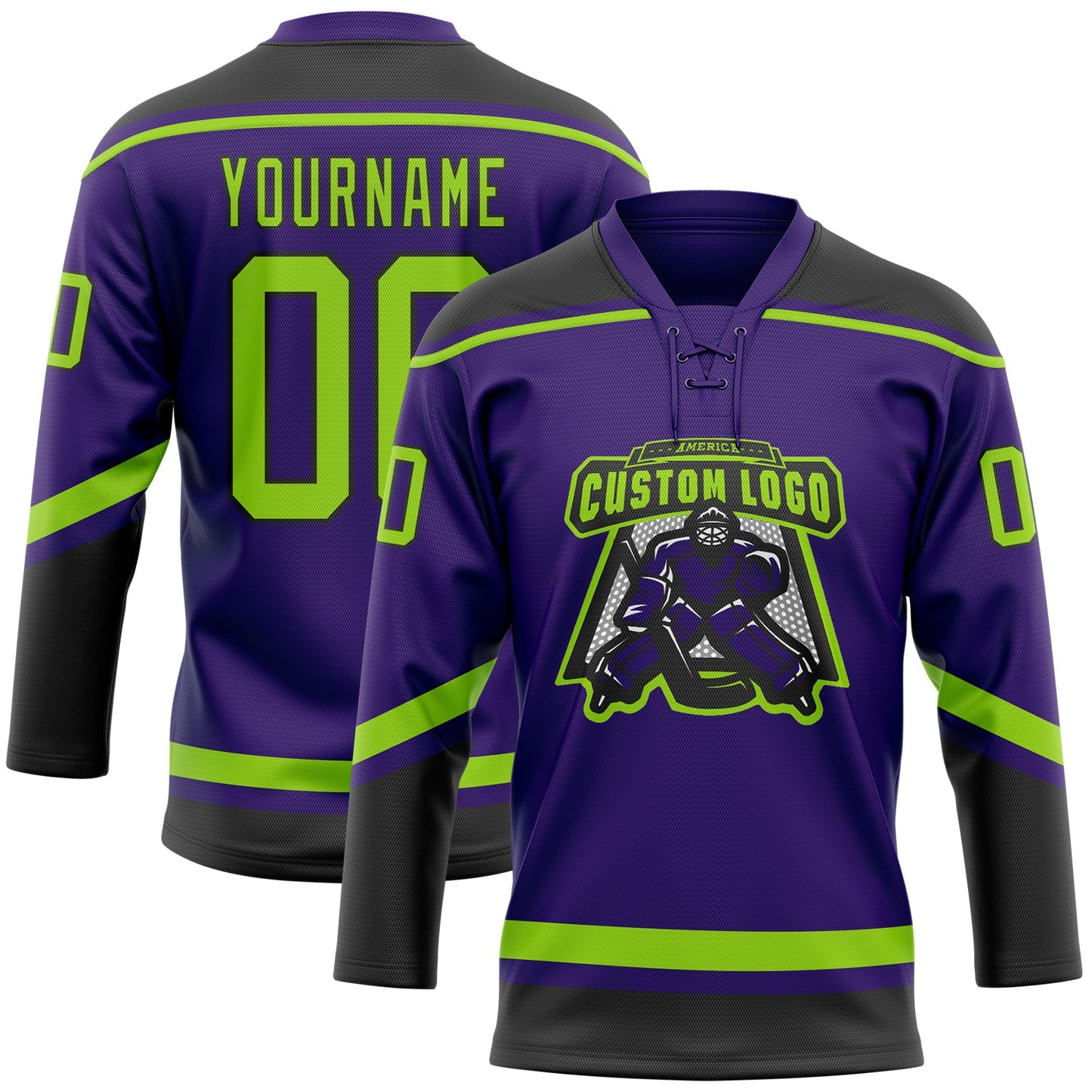 Custom Purple Neon Green-Black Hockey Lace Neck Jersey - Sky-Custom
