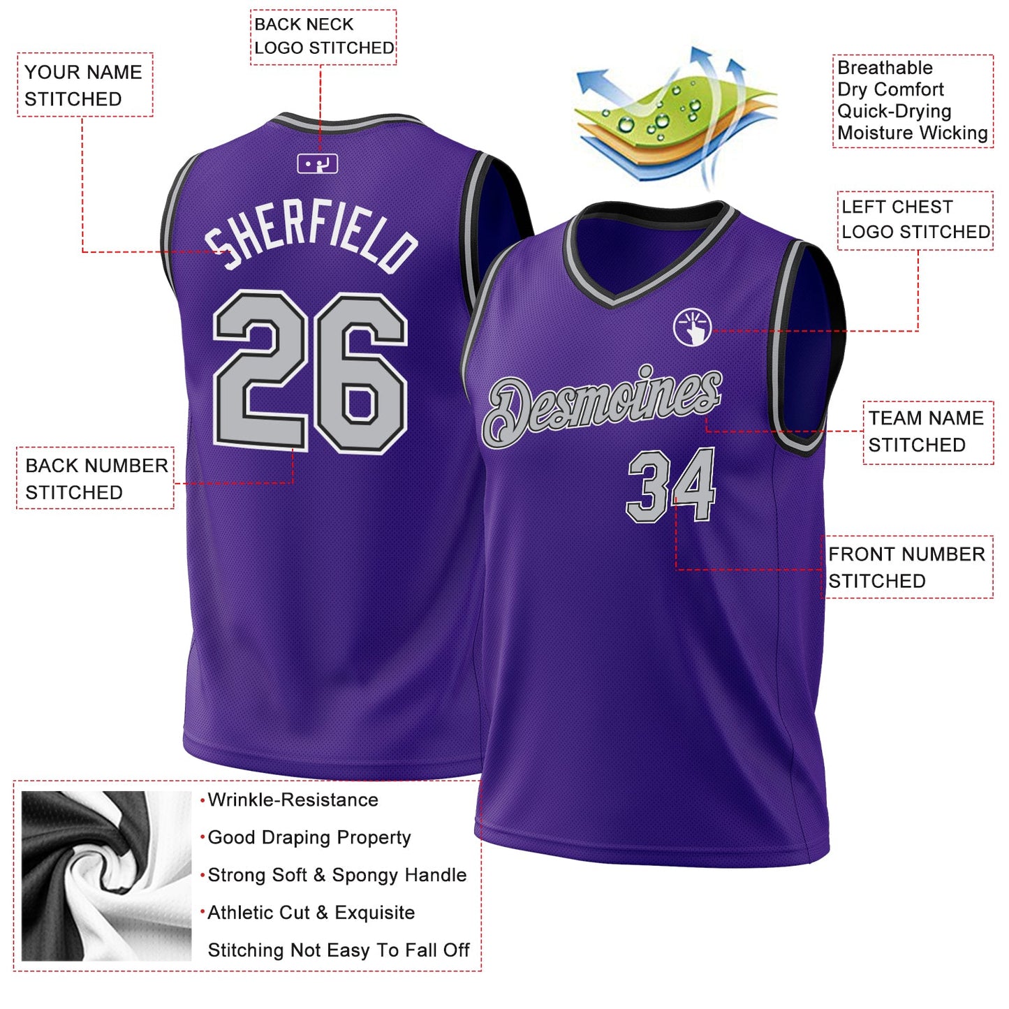 Custom Purple Gray-Black Authentic Throwback Basketball Jersey - Sky-Custom