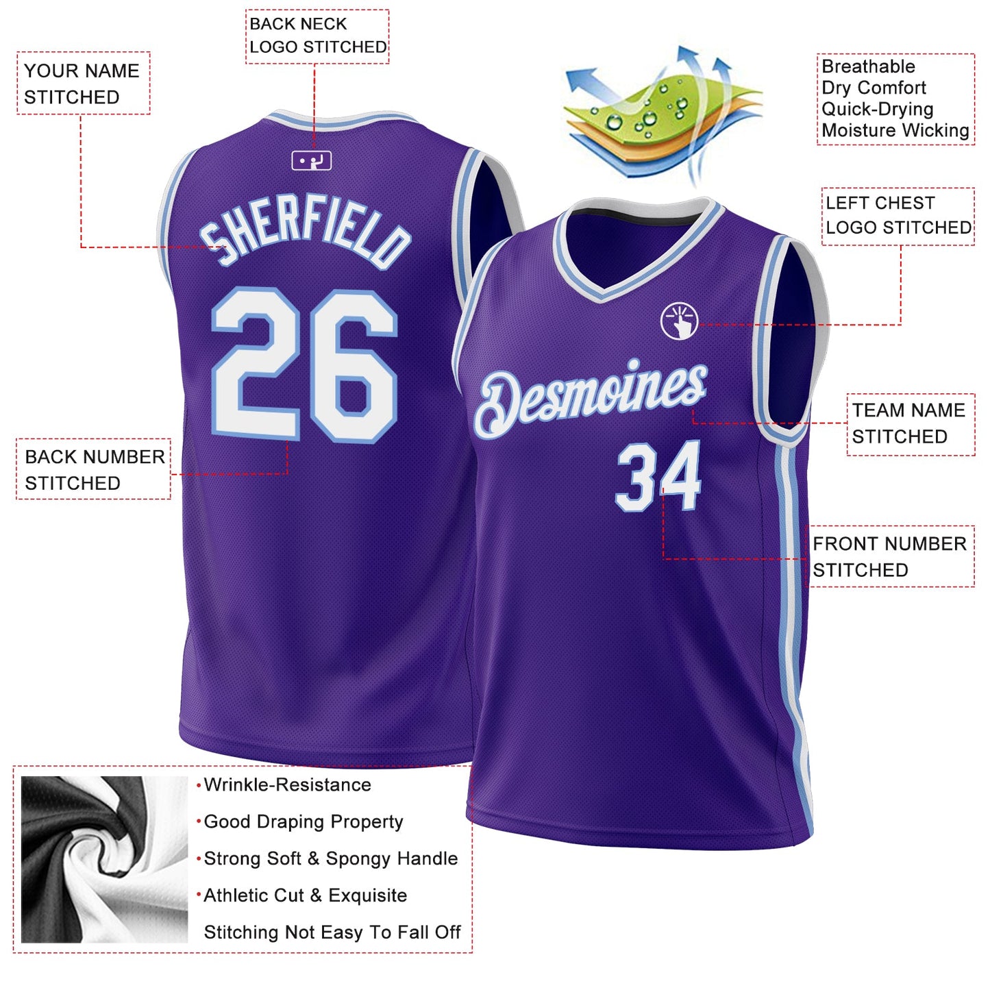 Custom Purple White-Light Blue Authentic Throwback Basketball Jersey - Sky-Custom