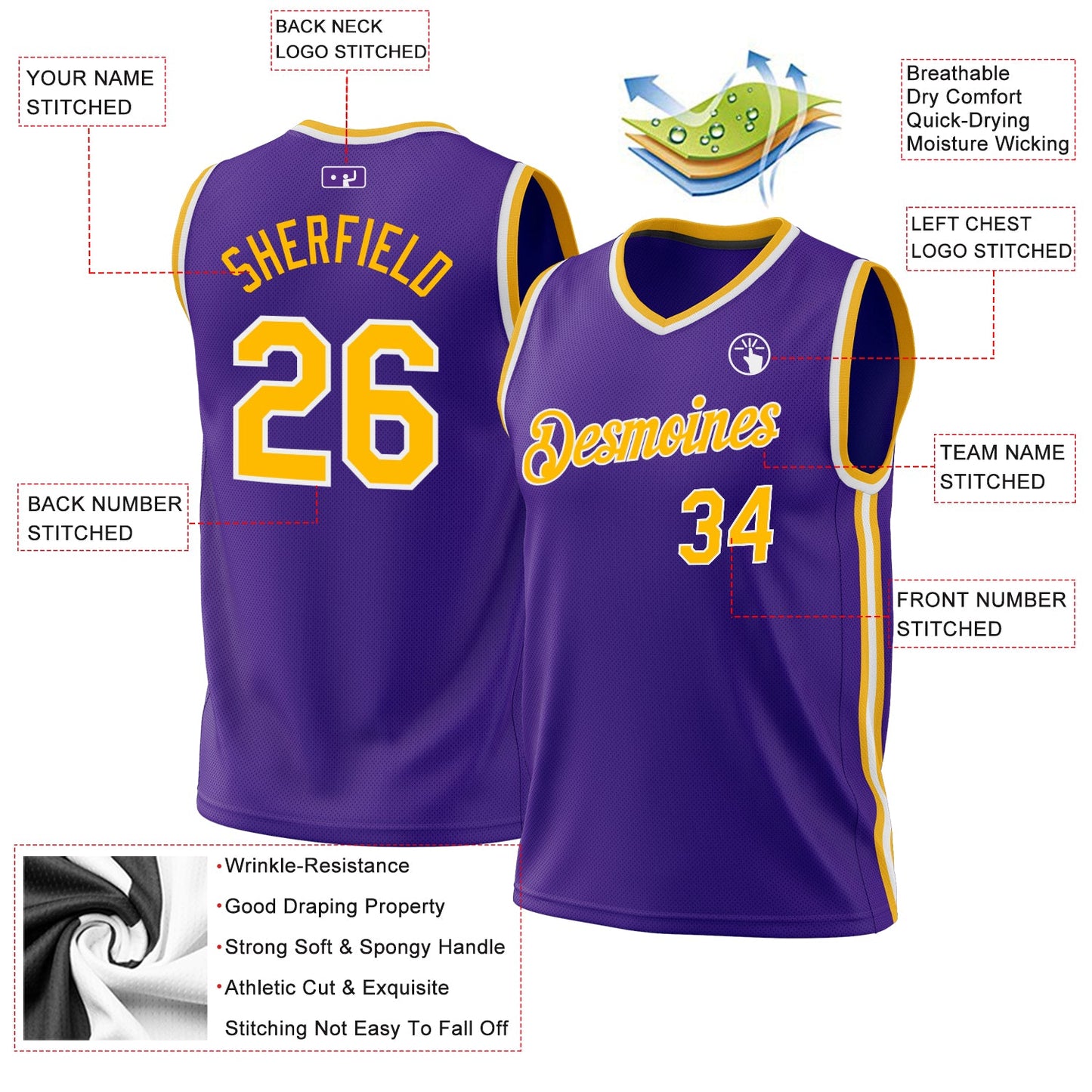 Custom Purple Gold-White Authentic Throwback Basketball Jersey - Sky-Custom