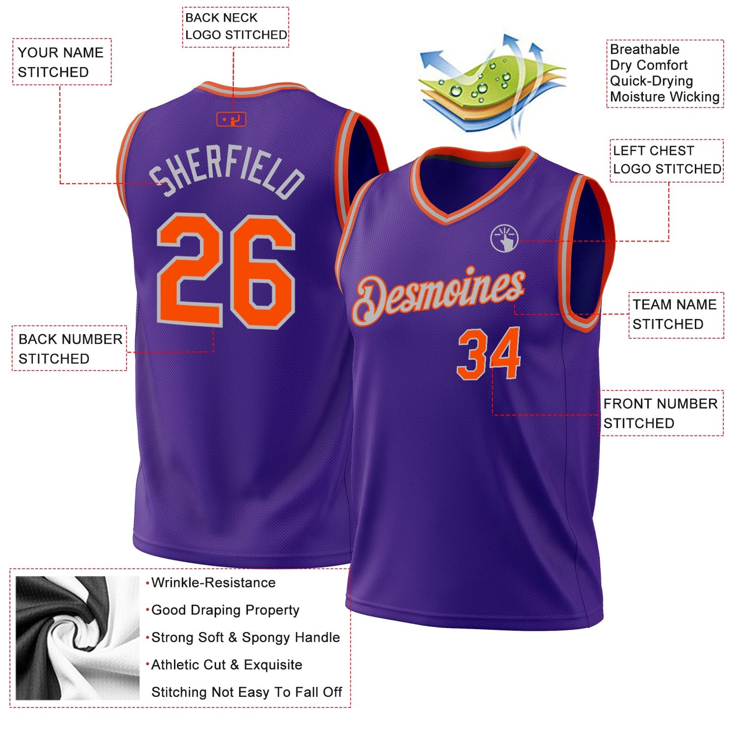 Custom Purple Orange-Gray Authentic Throwback Basketball Jersey - Sky-Custom