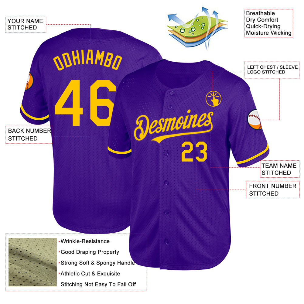 Custom Purple Yellow Mesh Authentic Throwback Baseball Jersey - Sky-Custom