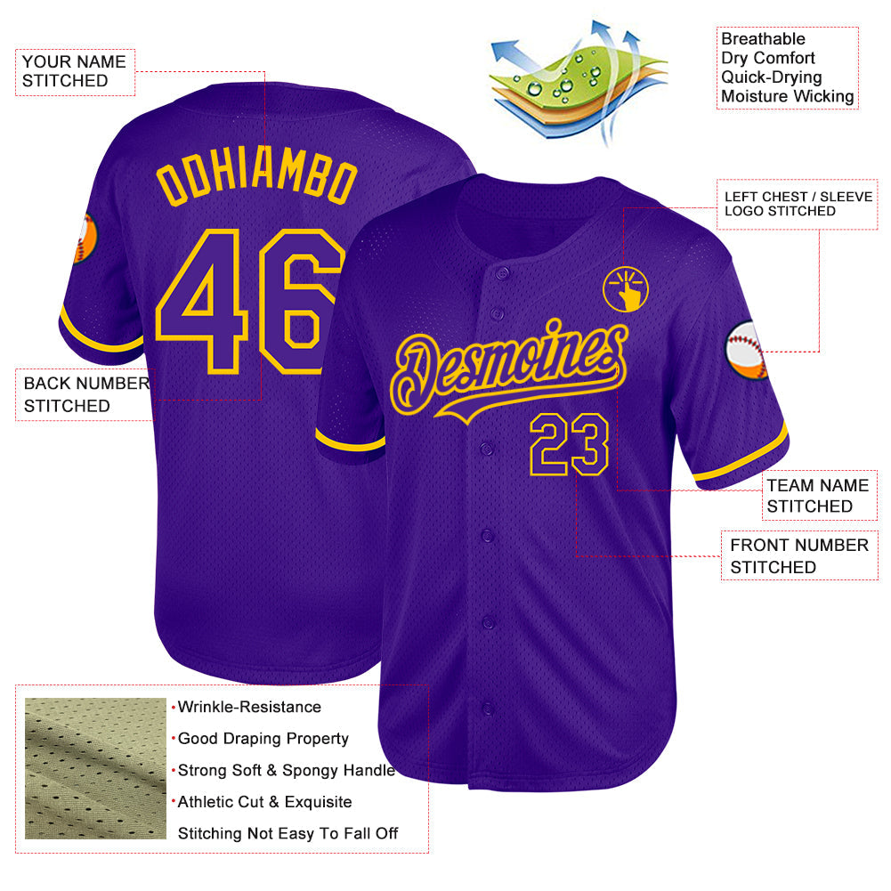 Custom Purple Yellow Mesh Authentic Throwback Baseball Jersey - Sky-Custom