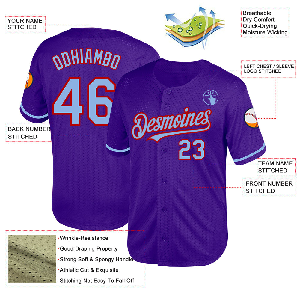 Custom Purple Light Blue-Red Mesh Authentic Throwback Baseball Jersey - Sky-Custom